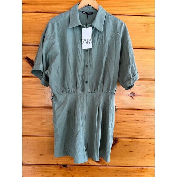 Zara Pants - Zara Button Down Shirt Playsuit Shorts Jumpsuit L Green